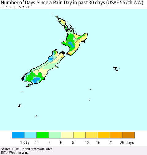 New Zealand Number of Days Since a Rain Day in past 30 days (USAF 557th WW) Thematic Map For 7/1/2023 - 7/5/2023
