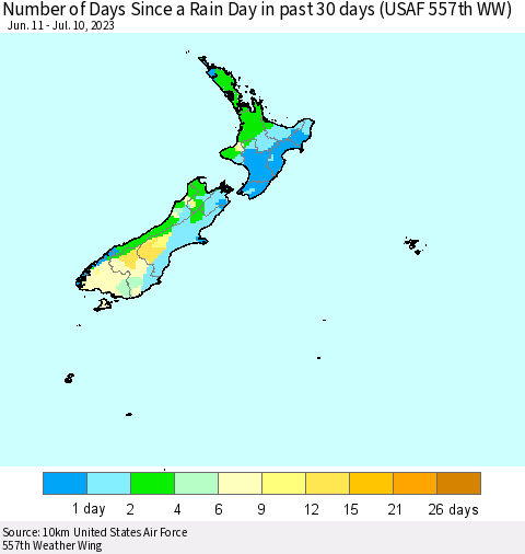 New Zealand Number of Days Since a Rain Day in past 30 days (USAF 557th WW) Thematic Map For 7/6/2023 - 7/10/2023