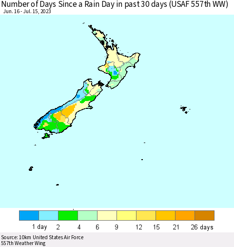 New Zealand Number of Days Since a Rain Day in past 30 days (USAF 557th WW) Thematic Map For 7/11/2023 - 7/15/2023