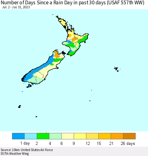 New Zealand Number of Days Since a Rain Day in past 30 days (USAF 557th WW) Thematic Map For 7/26/2023 - 7/31/2023