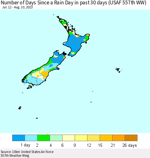 New Zealand Number of Days Since a Rain Day in past 30 days (USAF 557th WW) Thematic Map For 8/6/2023 - 8/10/2023
