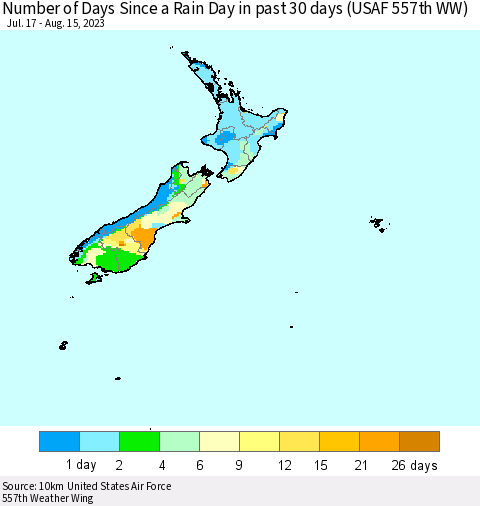 New Zealand Number of Days Since a Rain Day in past 30 days (USAF 557th WW) Thematic Map For 8/11/2023 - 8/15/2023