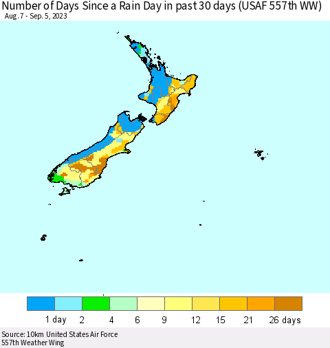 New Zealand Number of Days Since a Rain Day in past 30 days (USAF 557th WW) Thematic Map For 9/1/2023 - 9/5/2023
