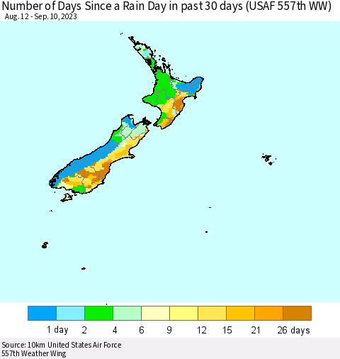 New Zealand Number of Days Since a Rain Day in past 30 days (USAF 557th WW) Thematic Map For 9/6/2023 - 9/10/2023