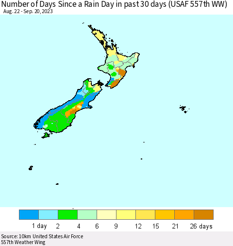 New Zealand Number of Days Since a Rain Day in past 30 days (USAF 557th WW) Thematic Map For 9/16/2023 - 9/20/2023