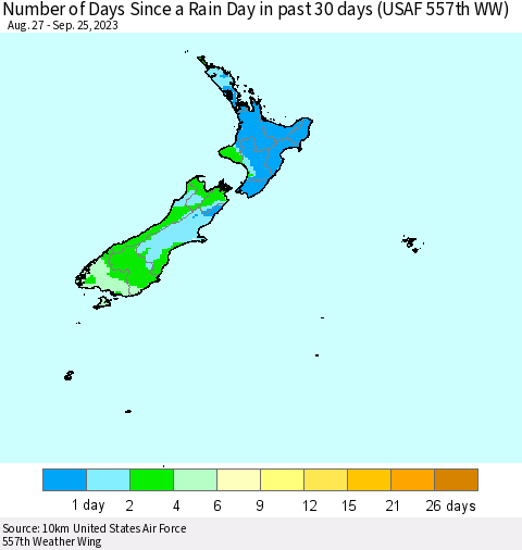 New Zealand Number of Days Since a Rain Day in past 30 days (USAF 557th WW) Thematic Map For 9/21/2023 - 9/25/2023