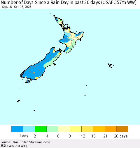 New Zealand Number of Days Since a Rain Day in past 30 days (USAF 557th WW) Thematic Map For 10/11/2023 - 10/15/2023