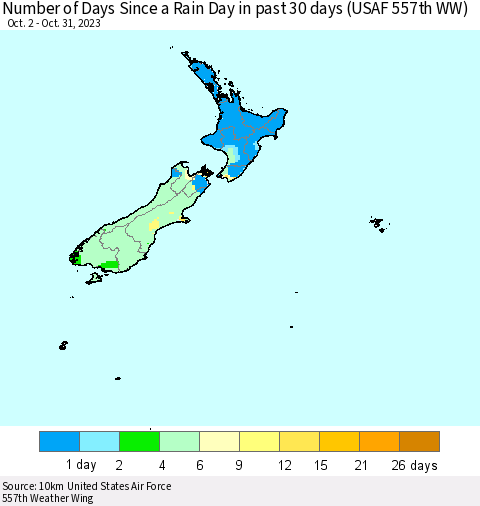 New Zealand Number of Days Since a Rain Day in past 30 days (USAF 557th WW) Thematic Map For 10/26/2023 - 10/31/2023