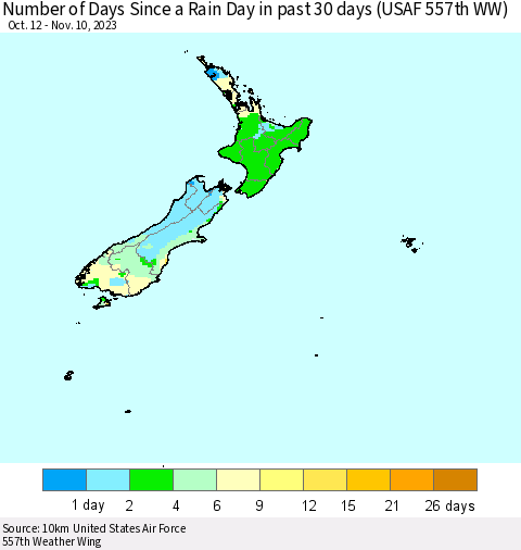 New Zealand Number of Days Since a Rain Day in past 30 days (USAF 557th WW) Thematic Map For 11/6/2023 - 11/10/2023
