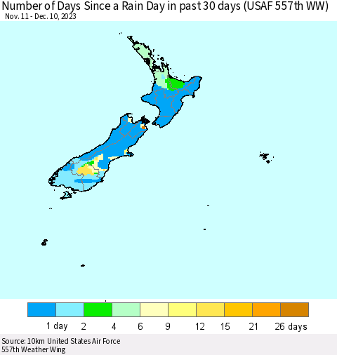 New Zealand Number of Days Since a Rain Day in past 30 days (USAF 557th WW) Thematic Map For 12/6/2023 - 12/10/2023