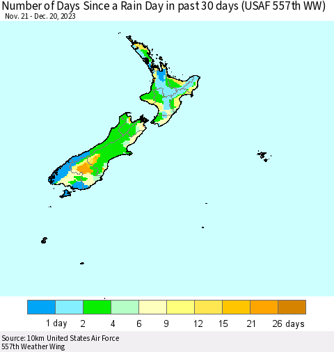 New Zealand Number of Days Since a Rain Day in past 30 days (USAF 557th WW) Thematic Map For 12/16/2023 - 12/20/2023