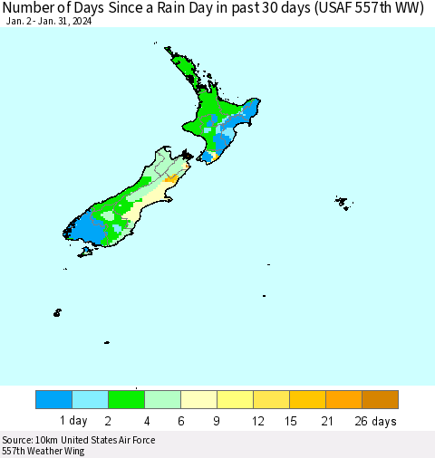 New Zealand Number of Days Since a Rain Day in past 30 days (USAF 557th WW) Thematic Map For 1/26/2024 - 1/31/2024