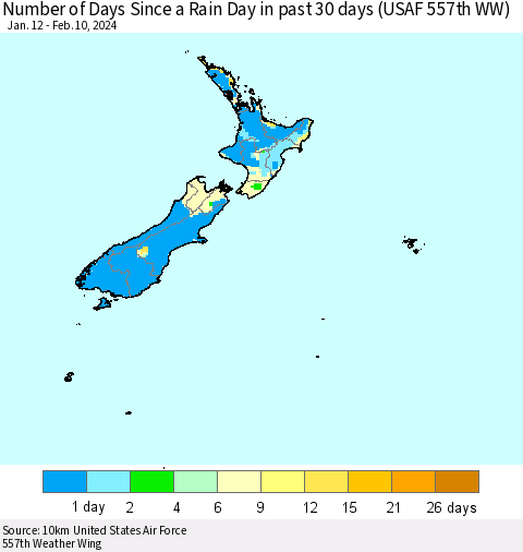 New Zealand Number of Days Since a Rain Day in past 30 days (USAF 557th WW) Thematic Map For 2/6/2024 - 2/10/2024