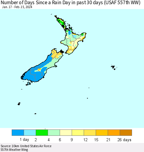 New Zealand Number of Days Since a Rain Day in past 30 days (USAF 557th WW) Thematic Map For 2/11/2024 - 2/15/2024