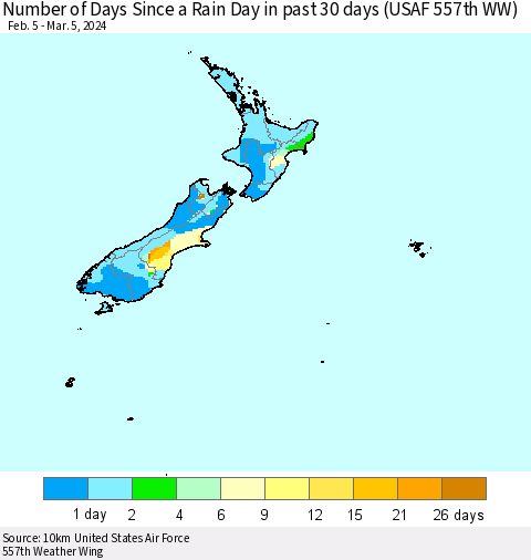 New Zealand Number of Days Since a Rain Day in past 30 days (USAF 557th WW) Thematic Map For 3/1/2024 - 3/5/2024