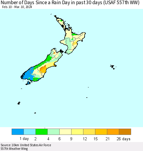 New Zealand Number of Days Since a Rain Day in past 30 days (USAF 557th WW) Thematic Map For 3/6/2024 - 3/10/2024