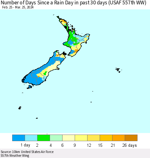 New Zealand Number of Days Since a Rain Day in past 30 days (USAF 557th WW) Thematic Map For 3/21/2024 - 3/25/2024
