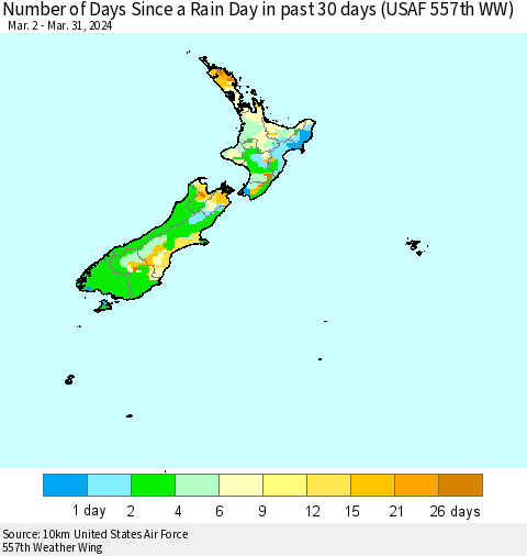 New Zealand Number of Days Since a Rain Day in past 30 days (USAF 557th WW) Thematic Map For 3/26/2024 - 3/31/2024