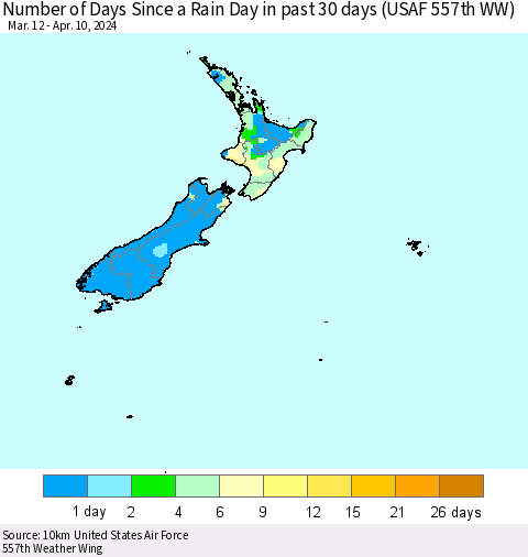 New Zealand Number of Days Since a Rain Day in past 30 days (USAF 557th WW) Thematic Map For 4/6/2024 - 4/10/2024