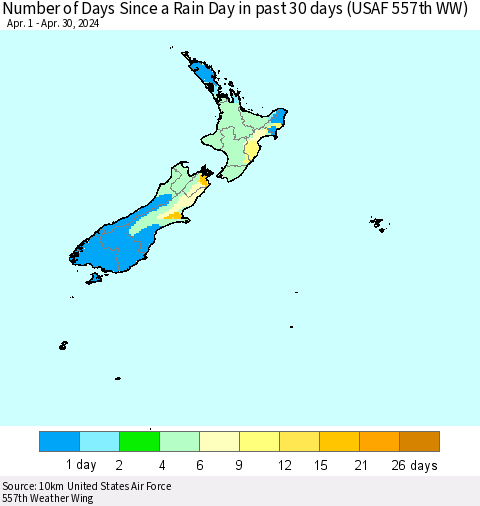 New Zealand Number of Days Since a Rain Day in past 30 days (USAF 557th WW) Thematic Map For 4/26/2024 - 4/30/2024