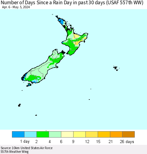 New Zealand Number of Days Since a Rain Day in past 30 days (USAF 557th WW) Thematic Map For 5/1/2024 - 5/5/2024