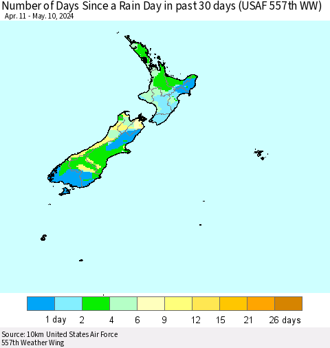 New Zealand Number of Days Since a Rain Day in past 30 days (USAF 557th WW) Thematic Map For 5/6/2024 - 5/10/2024