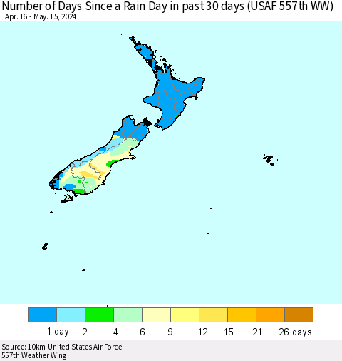 New Zealand Number of Days Since a Rain Day in past 30 days (USAF 557th WW) Thematic Map For 5/11/2024 - 5/15/2024