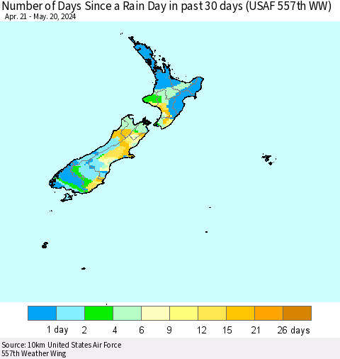 New Zealand Number of Days Since a Rain Day in past 30 days (USAF 557th WW) Thematic Map For 5/16/2024 - 5/20/2024