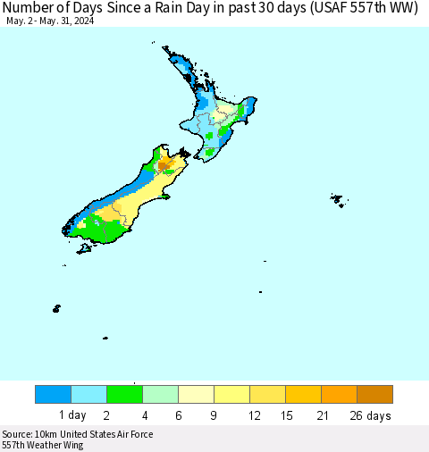 New Zealand Number of Days Since a Rain Day in past 30 days (USAF 557th WW) Thematic Map For 5/26/2024 - 5/31/2024