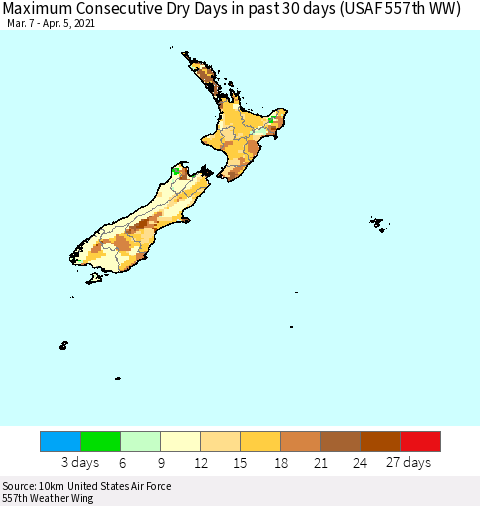 New Zealand Maximum Consecutive Dry Days in past 30 days (USAF 557th WW) 04/05/2021 Thematic Map For 4/1/2021 - 4/5/2021