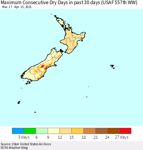 New Zealand Maximum Consecutive Dry Days in past 30 days (USAF 557th WW) 04/15/2021 Thematic Map For 4/11/2021 - 4/15/2021