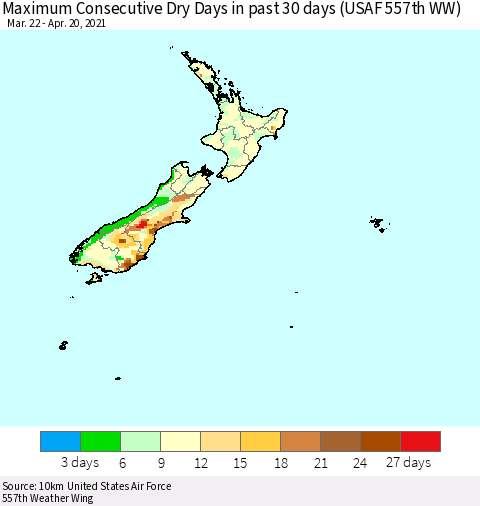 New Zealand Maximum Consecutive Dry Days in past 30 days (USAF 557th WW) 04/20/2021 Thematic Map For 4/16/2021 - 4/20/2021