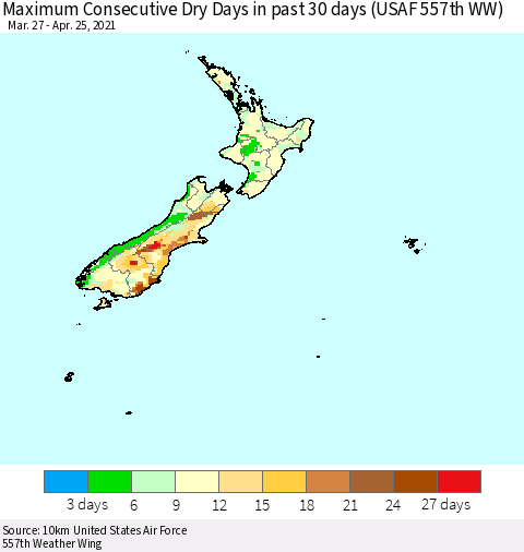 New Zealand Maximum Consecutive Dry Days in past 30 days (USAF 557th WW) 04/25/2021 Thematic Map For 4/21/2021 - 4/25/2021