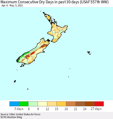 New Zealand Maximum Consecutive Dry Days in past 30 days (USAF 557th WW) 05/05/2021 Thematic Map For 5/1/2021 - 5/5/2021