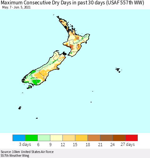 New Zealand Maximum Consecutive Dry Days in past 30 days (USAF 557th WW) 06/05/2021 Thematic Map For 6/1/2021 - 6/5/2021