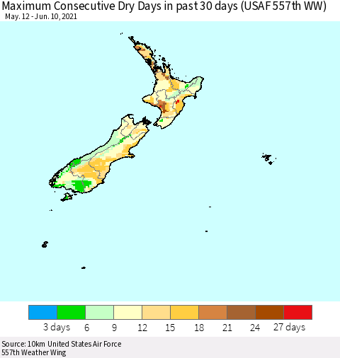 New Zealand Maximum Consecutive Dry Days in past 30 days (USAF 557th WW) 06/10/2021 Thematic Map For 6/6/2021 - 6/10/2021