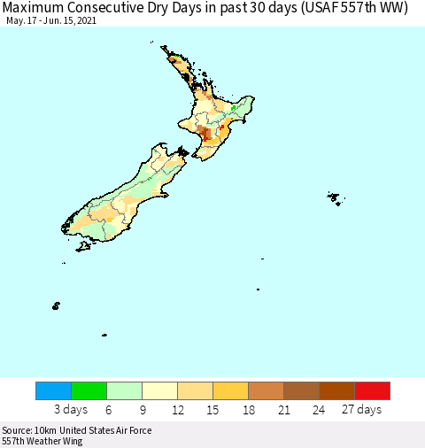 New Zealand Maximum Consecutive Dry Days in past 30 days (USAF 557th WW) 06/15/2021 Thematic Map For 6/11/2021 - 6/15/2021