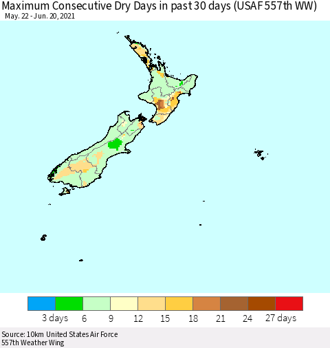 New Zealand Maximum Consecutive Dry Days in past 30 days (USAF 557th WW) 06/20/2021 Thematic Map For 6/16/2021 - 6/20/2021
