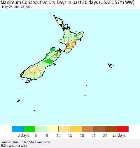 New Zealand Maximum Consecutive Dry Days in past 30 days (USAF 557th WW) 06/25/2021 Thematic Map For 6/21/2021 - 6/25/2021