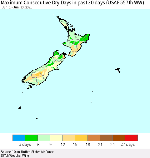 New Zealand Maximum Consecutive Dry Days in past 30 days (USAF 557th WW) 06/30/2021 Thematic Map For 6/26/2021 - 6/30/2021