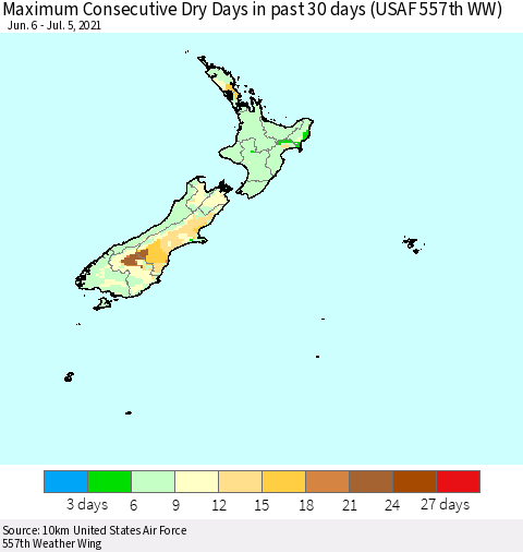 New Zealand Maximum Consecutive Dry Days in past 30 days (USAF 557th WW) 07/05/2021 Thematic Map For 7/1/2021 - 7/5/2021