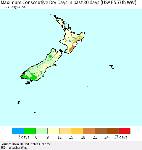 New Zealand Maximum Consecutive Dry Days in past 30 days (USAF 557th WW) 08/05/2021 Thematic Map For 8/1/2021 - 8/5/2021