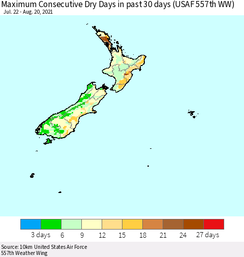 New Zealand Maximum Consecutive Dry Days in past 30 days (USAF 557th WW) 08/20/2021 Thematic Map For 8/16/2021 - 8/20/2021