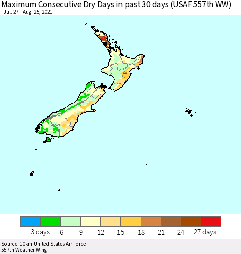 New Zealand Maximum Consecutive Dry Days in past 30 days (USAF 557th WW) 08/25/2021 Thematic Map For 8/21/2021 - 8/25/2021