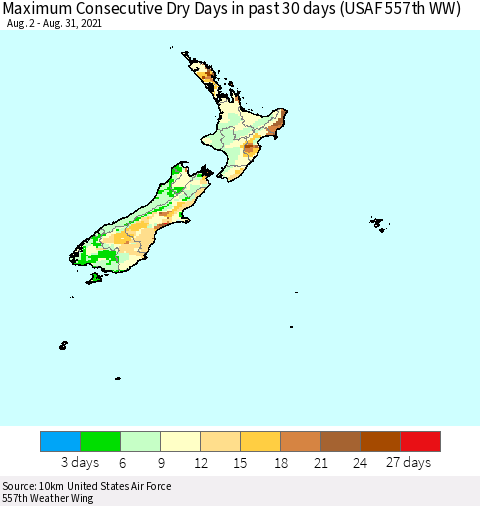 New Zealand Maximum Consecutive Dry Days in past 30 days (USAF 557th WW) 08/31/2021 Thematic Map For 8/26/2021 - 8/31/2021
