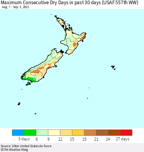 New Zealand Maximum Consecutive Dry Days in past 30 days (USAF 557th WW) 09/05/2021 Thematic Map For 9/1/2021 - 9/5/2021