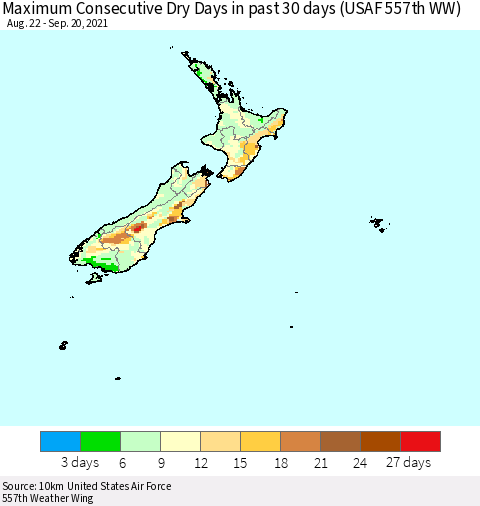 New Zealand Maximum Consecutive Dry Days in past 30 days (USAF 557th WW) 09/20/2021 Thematic Map For 9/16/2021 - 9/20/2021