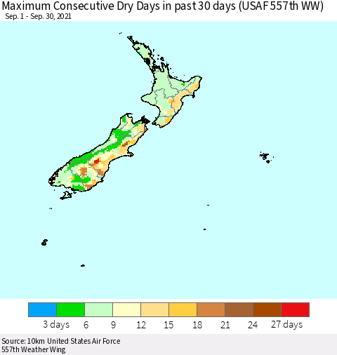 New Zealand Maximum Consecutive Dry Days in past 30 days (USAF 557th WW) 09/30/2021 Thematic Map For 9/26/2021 - 9/30/2021