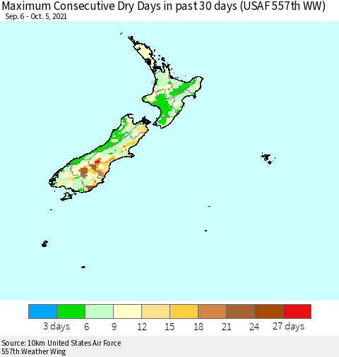 New Zealand Maximum Consecutive Dry Days in past 30 days (USAF 557th WW) 10/05/2021 Thematic Map For 10/1/2021 - 10/5/2021