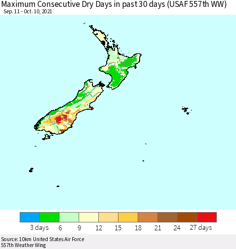New Zealand Maximum Consecutive Dry Days in past 30 days (USAF 557th WW) 10/10/2021 Thematic Map For 10/6/2021 - 10/10/2021